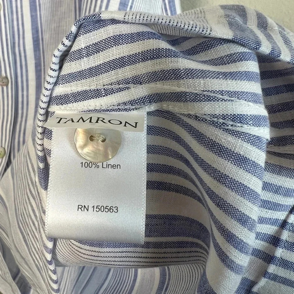 Hinson Wu Tamron 3/4 Sleeve Linen Variegated Stripes Dress Blue White Medium - Picture 7 of 7